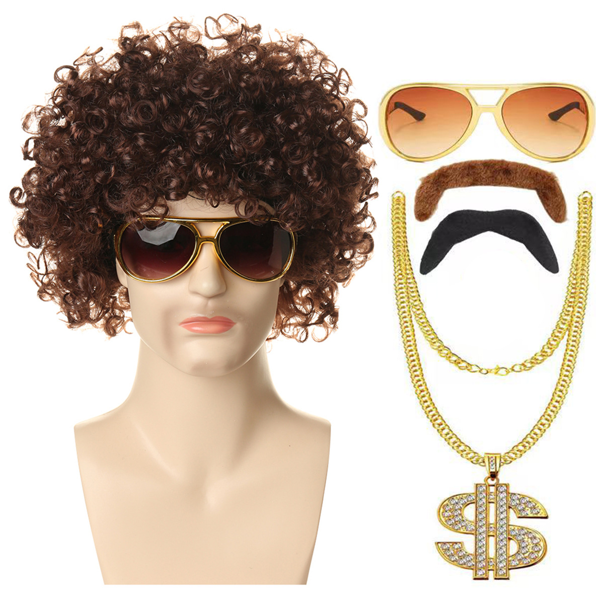 갈색 팬머리 + 엘비스 안경 투톤 수염 달러 목걸이