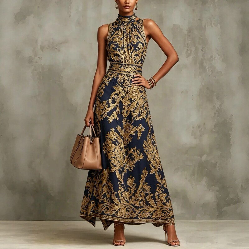 2026 European and American style vintage gold embroidered long dress, slim fit, elegant evening gown for women 2026 European and American style vintage gold embroidered long dress, slim fit, elegant evening gown for women