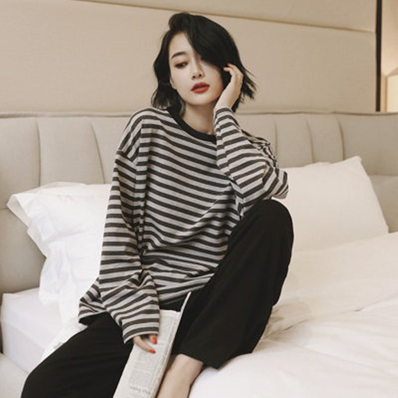 Spring and Autum Pajamas Women's Long-sleeved Pants Two-piece Round Neck Pullover Simple ins Style Casual Loose Home Clothes