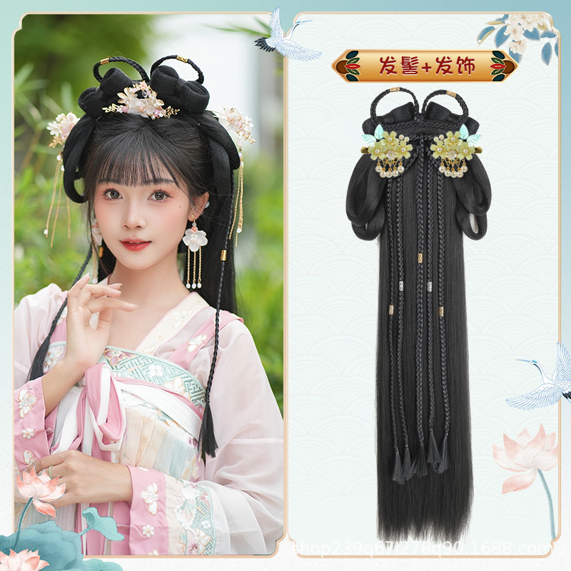 땋은 머리 + 녹색 벚꽃 헤어 액세서리 한 쌍