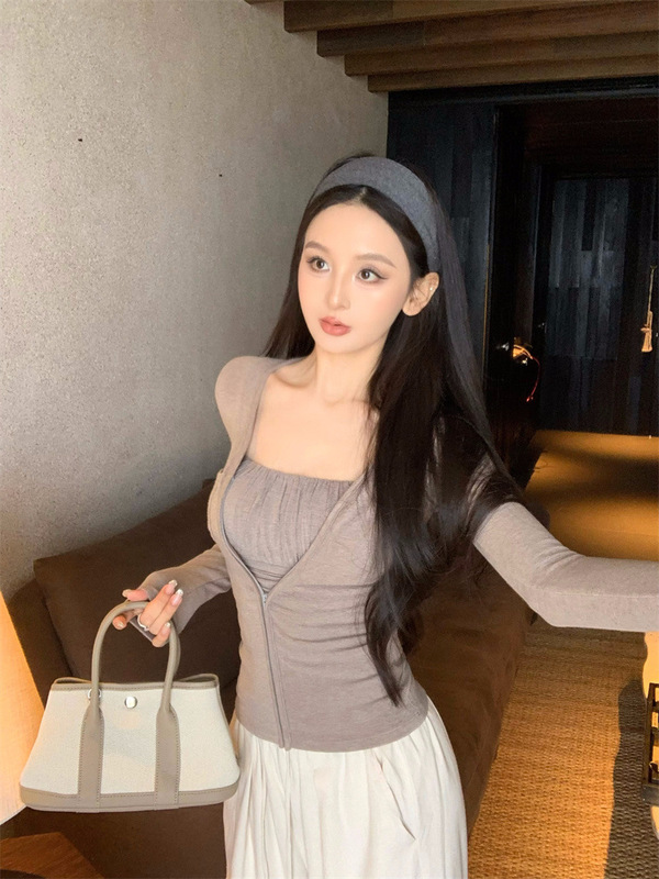 早秋套装女装纯欲风吊带背心内搭修身长袖开衫外套阔腿休闲长裤子|undefined