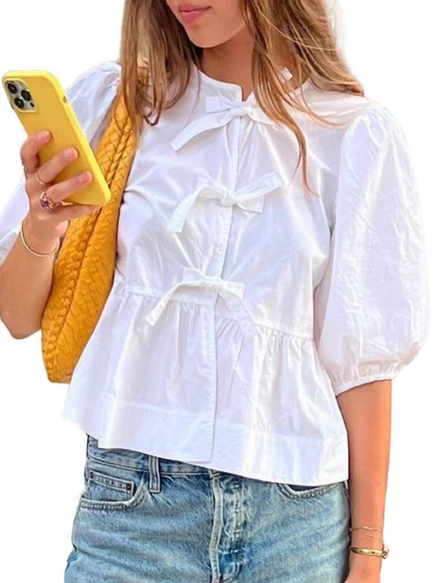 Amazon 2024 New Summer Shirt Short Sleeve Puff Sleeve Women's Cotton Lace-up Cardigan Loose Casual Top