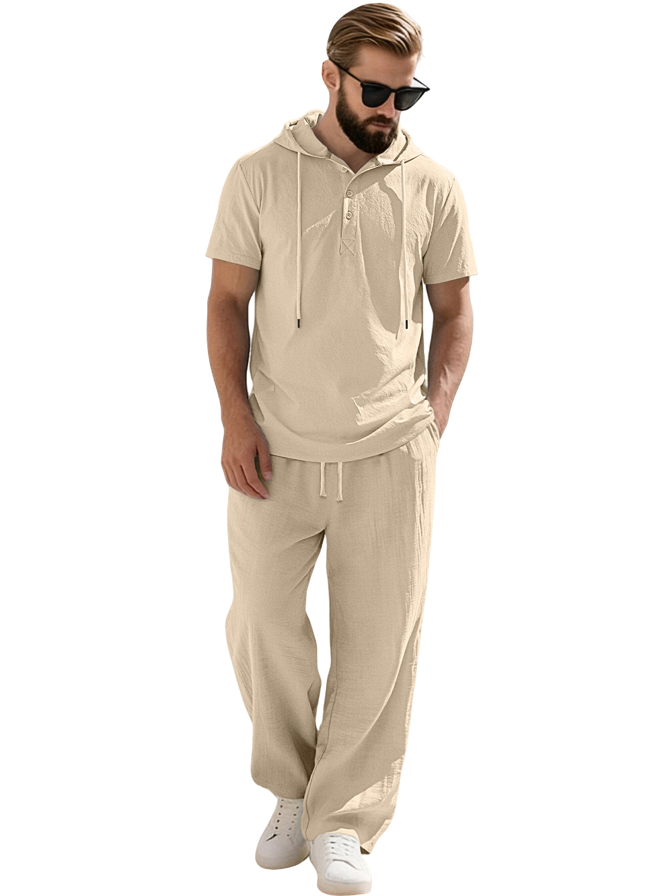 Transfronterizos Europa y América Amazon hombre nuevo encapuchado abrazado camisa de algodón y lino de manga corta casual pantalones largos de manga corta set hombre