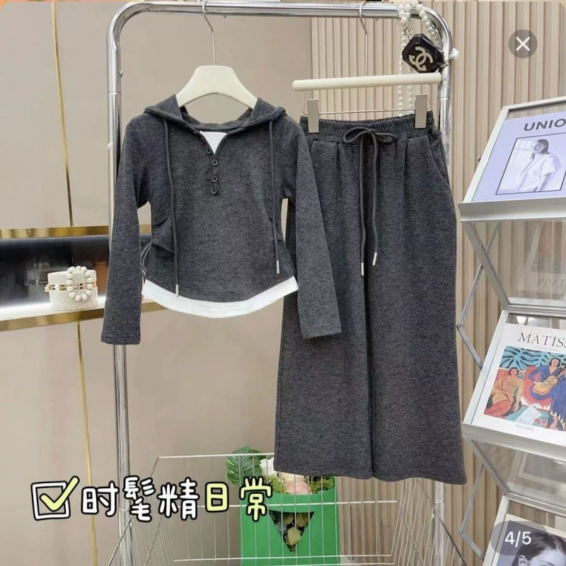 Интернет Red Girls Корейский костюм Zhongdong Весна и Осень Новый иностранный топ с капюшоном Модные широкие брюки набор из двух частей