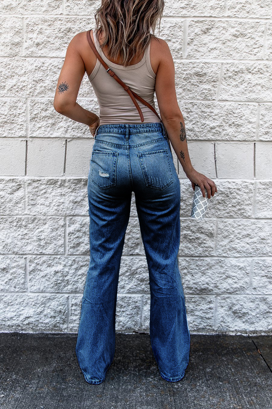 Ripped High Waist Retro Slim Fit Denim Small Bell-Bottom Trousers Bootleg Pants in Jeans
