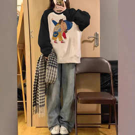 白灰色圆领卫衣女秋冬加绒加厚小个子慵懒风复古高级感套头上衣潮