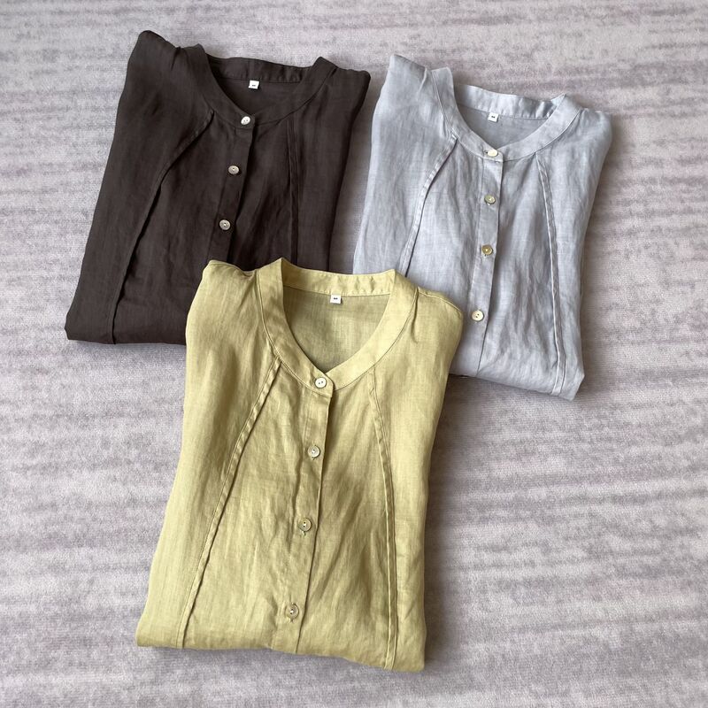 Willow Green, Gray Blue Cut and Patchwork! 42 Count 100 Ramie Round Neck Martens Shell Button Loose Three-Quarter Sleeve Shirt for Women