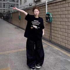 美式潮牌黑色短袖t恤女2025新款夏季宽松休闲oversize设计感上衣