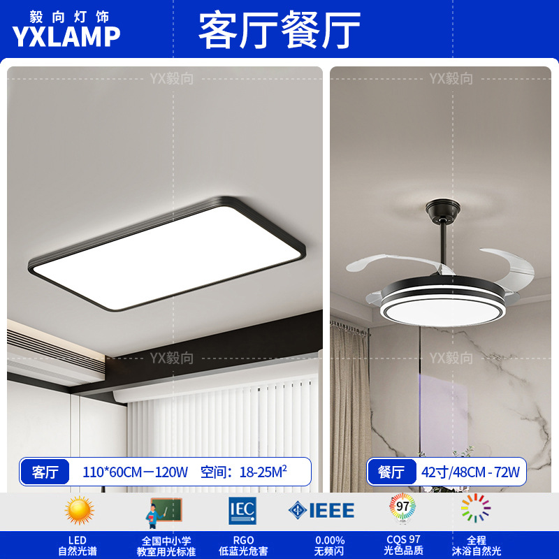 Luz de techo, lámpara de sala de estar, lámpara principal de espectro completo, protección de ojos, lámpara de dormitorio moderna simple sin hendiduras, lámpara negra Zhongshan