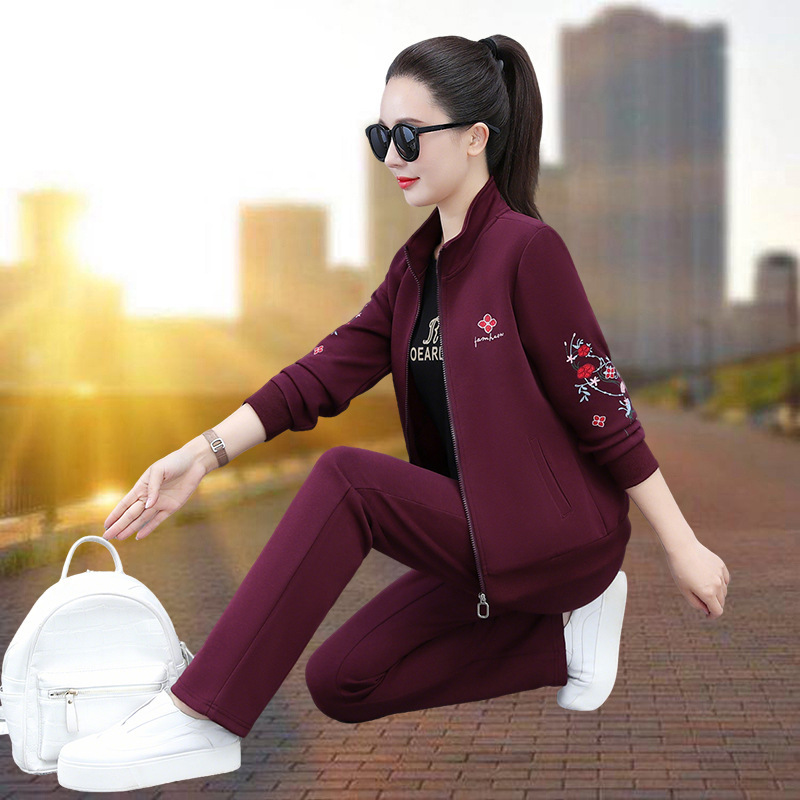 休闲运动服套装女士春秋2025秋季新款时尚中年妈妈卫衣外套三件套|undefined