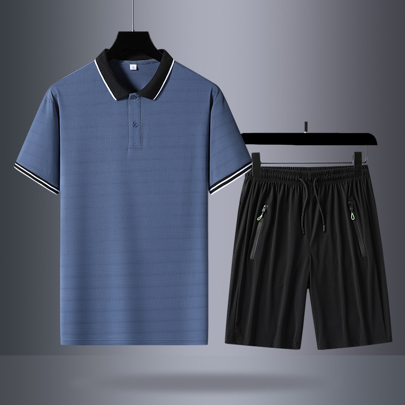 Verano hielo de manga corta pantalones cortos de dos piezas hombres camiseta de manga corta polo casual con solapa de mediana edad pantalones cortos grandes