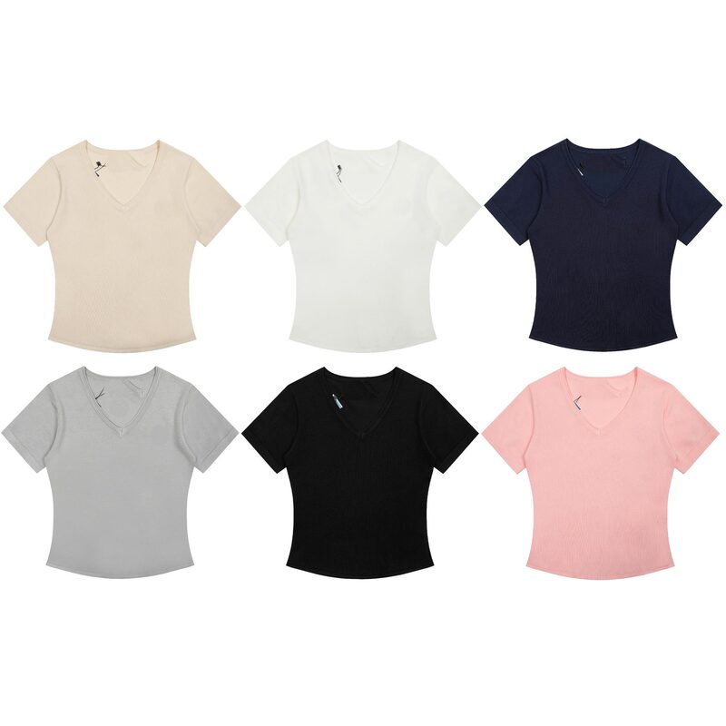 079 新品 LF ホーム刺繍スモールラベル V ネックニットショート女神スタイル夏アイスシルクニット薄手半袖|undefined
