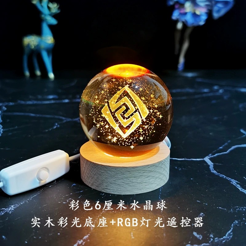Ночная лампа кристальный шар (Genshin Impact), 3D-гравировка семи стихий, LED или деревянная подставка