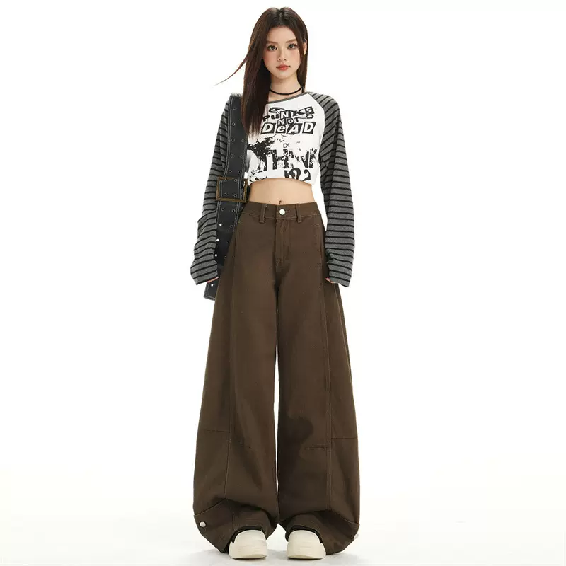 萝卜大叔摩卡棕色美式牛仔裤女2026春秋无弹高腰慵懒宽松弯刀裤子