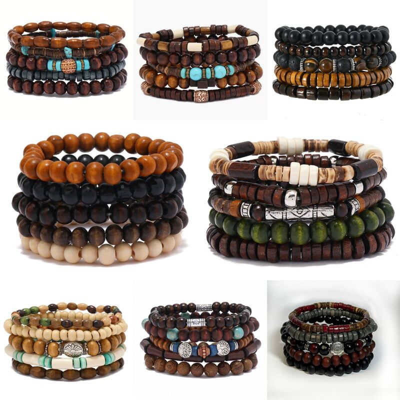 Cross-Border New Product Men's Retro Multi-Layered Elastic Rope Wooden Bead Bracelet Multi-Layered Wooden Bead Bracelet Low Price Wholesale Cross-Border New Product Men's Retro Multi-Layered Elastic Rope Wooden Bead Bracelet Multi-Layered Wooden Bead Bracelet Low Price Wholesale