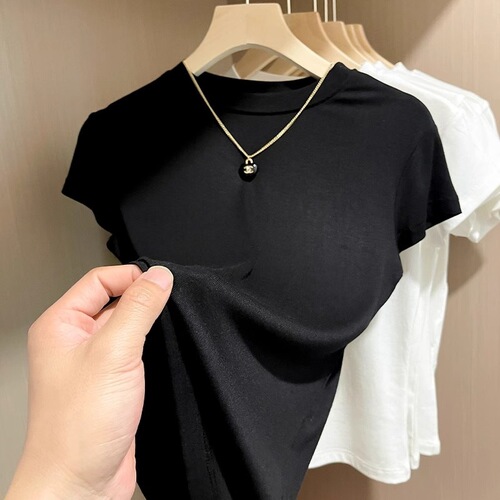 Fashion Casual Shoulder Short Sleeve T-Shirt Women Summer White Commuting Versatile Simple Slimming Round Neck Top Women 