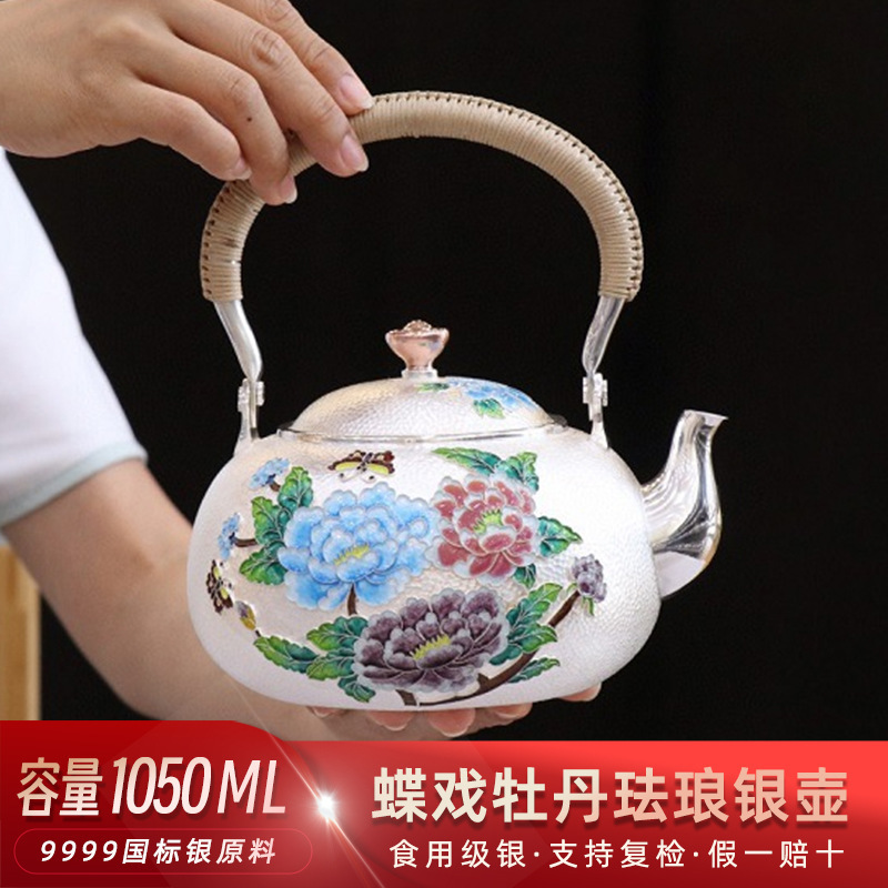 Enamel silver S999 sterling silver kettle genuine cloisonne craft tea pure handmade silver pot tea set Wholesale