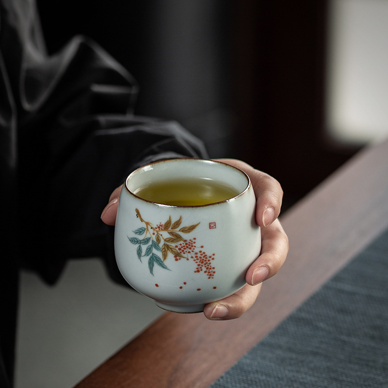 汝瓷可静杯 仿古月白汝窑茶杯大号陶瓷功夫品茗杯主人杯开片可养