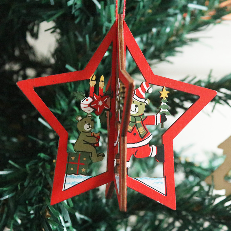 クリスマス装飾品木製クリスマスレーザー透かし彫りクリスマスツリー小さなペンダント木製五角星鈴オンフックプレゼント|undefined