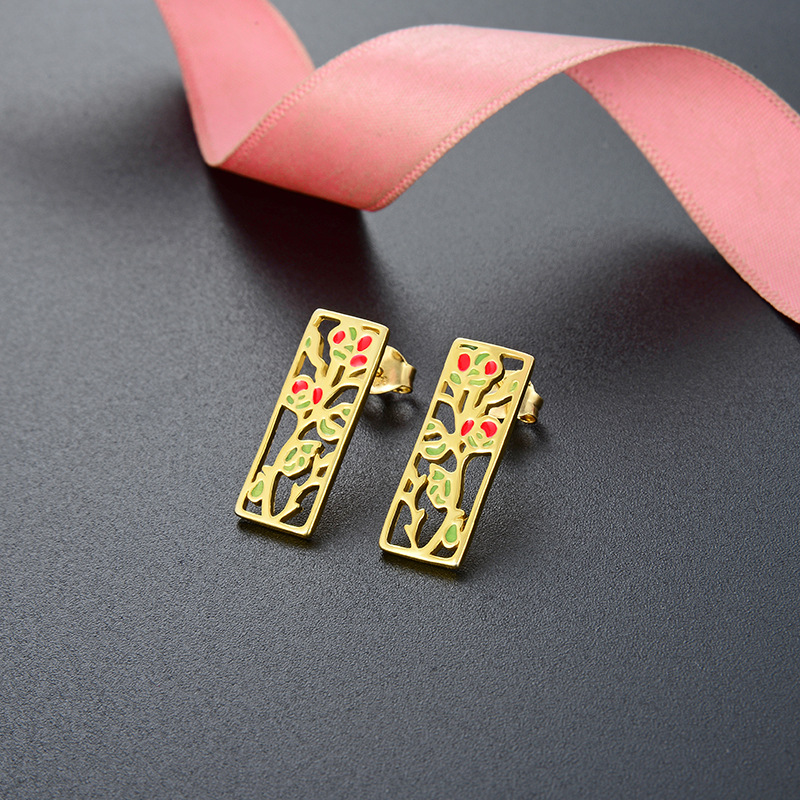Flor rama rectangular Stud pendientes plata esterlina personalidad retro oro amarillo geométrico hueco pendientes nicho temperamento pendientes para las mujeres