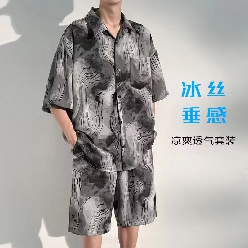 새로운 중국 스타일 국가 스타일 아이스 실크 비치 세트 남성 여름 얇은 느슨한 플러스 사이즈 셔츠 반바지 여름 의류