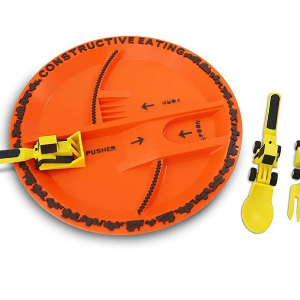 Обеденный автомобиль, бульдозер, экскаватор, лопата, вилка, лопата, обеденная тарелка, детская посуда, три комплекта