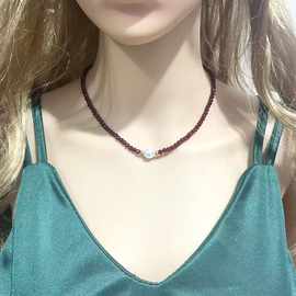 欧美跨境项饰时尚玻璃水晶扁珠酒红色项链仿珍珠女士锁骨链项链