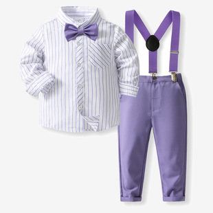 Boys' Striped Shirt Strap Pants suit Autumn New British Style Children's Wedding Performance Strap Clothes Children's Clothing