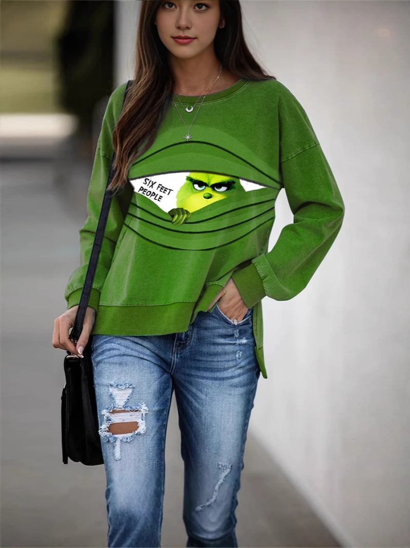 Comercio exterior de otoño y invierno de cuello redondo impresión de manga larga extraña camiseta de pelo verde chaqueta casual ropa de Navidad