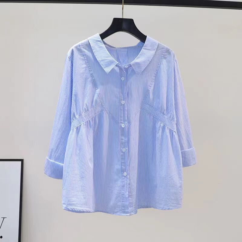 Cotton Shirt 2025 Spring & Fall Small Fresh Light Blue Vertical Stripesd Shirt Women's Design Waist Long-Sleeved Loose Top Cotton Shirt 2025 Spring & Fall Small Fresh Light Blue Vertical Stripesd Shirt Women's Design Waist Long-Sleeved Loose Top