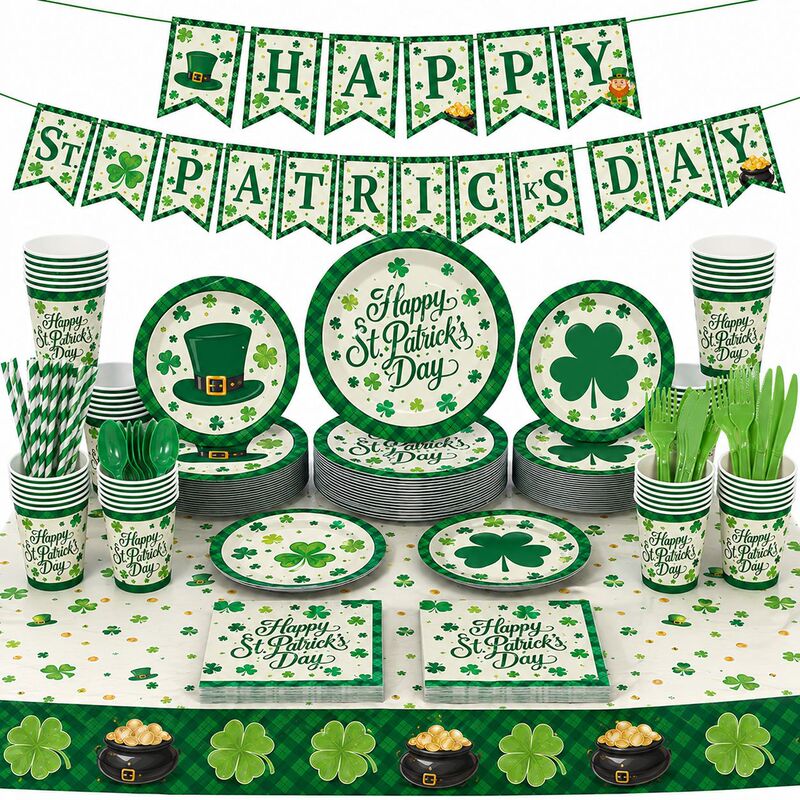 New St. Patrick's Day Party Paper Plates, Clover Paper Cups, Paper Napkins, Tablecloths, Green Plaid Holiday Party Dinner Plates New St. Patrick's Day Party Paper Plates, Clover Paper Cups, Paper Napkins, Tablecloths, Green Plaid Holiday Party Dinner Plates