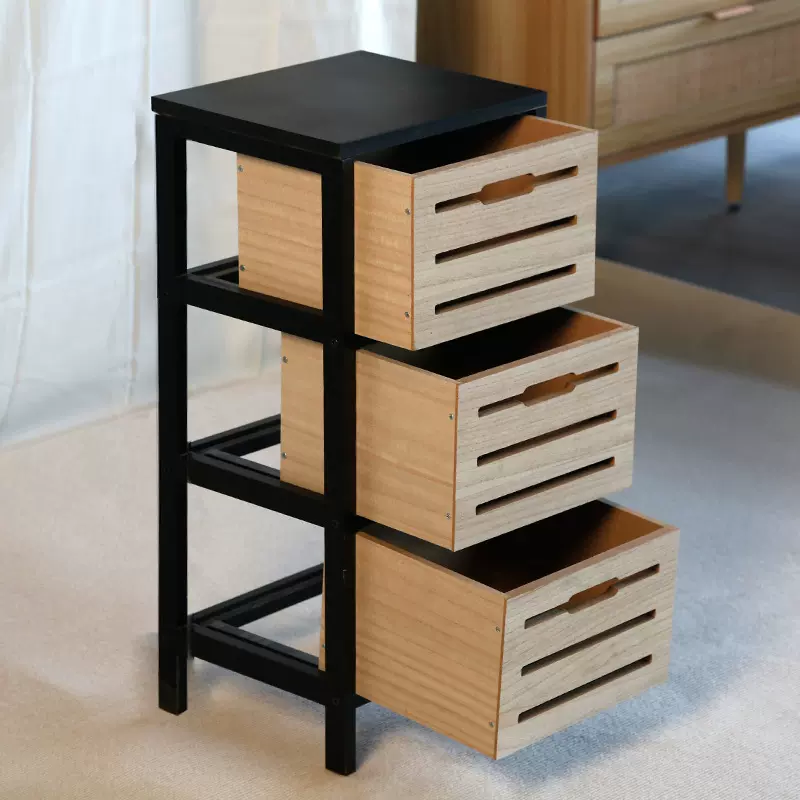 实木多层抽屉式黑色储物柜家用多功能免安装落地收纳柜现代简约