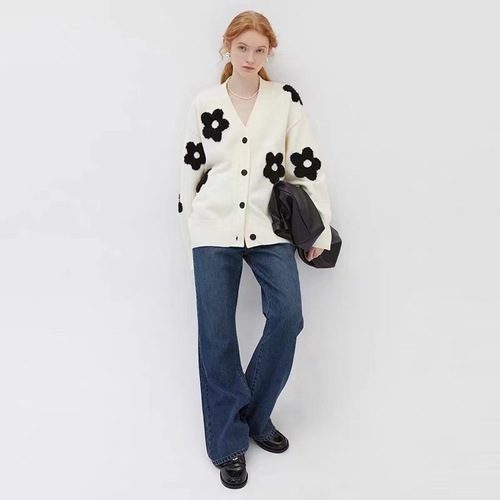 European and American autumn new style V-neck three-dimensional floral lazy slimming floral knit cardigan sweater coat for women