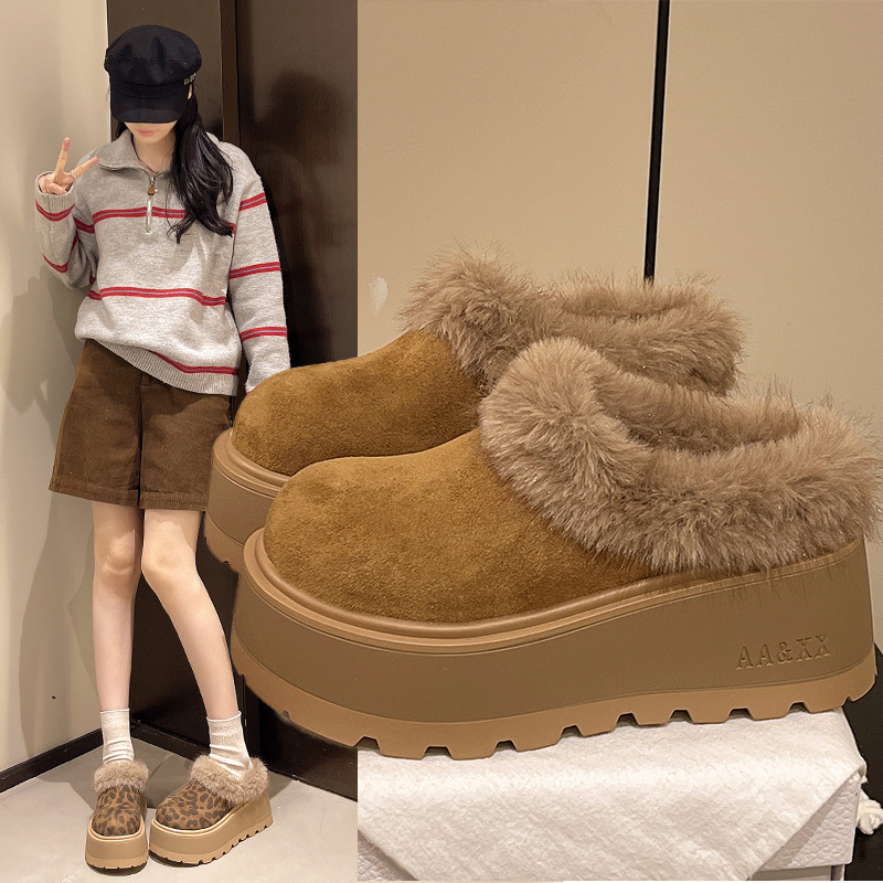 Thick-Soled Fleece-Lined Snow Boots for Women 2025 Autumn and Winter New Furry Slippers for Outer Wear Warm Non-Slip Birkenstocks