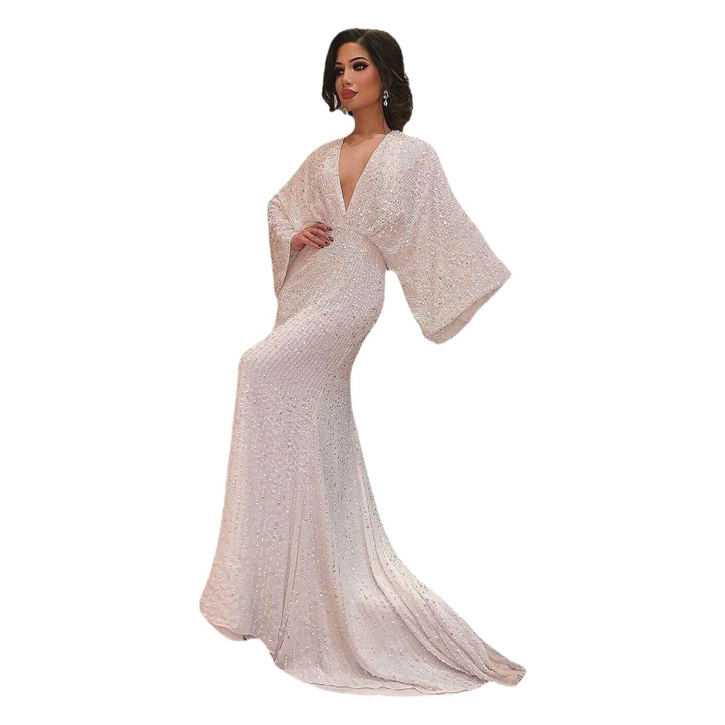 Vestido de Noche Elegante con Lentejuelas, Cuello en V, Manga Larga, Estilo Europeo y Americano, Nuevo en Amazon para 2025