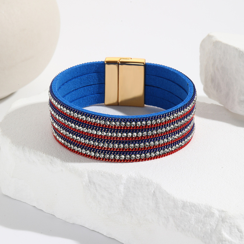 Cross-Border Red, White and Blue Color Leather Bracelet with Rhinestones, American and France, Multi-Strip Russian Bracelets, Magnetic Buckle Bracelets