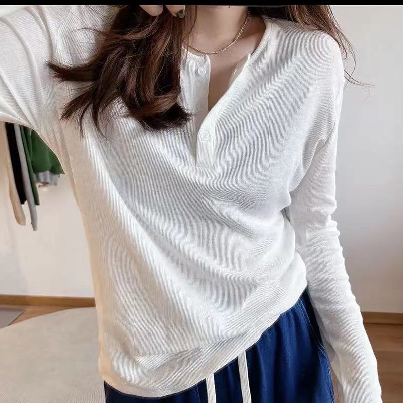 秋冬の女性用ピットストライプ長袖Tシャツ、新しいゆったりとしたインナー、多用途、スリム、シンプル、無地、ウエスタンスタイルのボトムシャツ|undefined