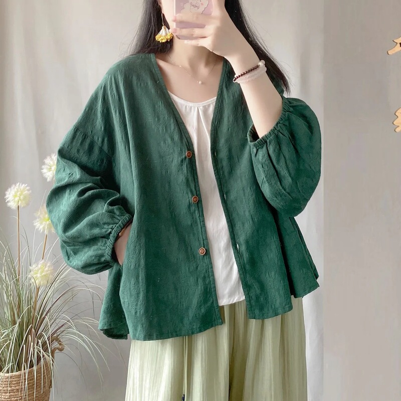 New Cotton and Linen Jacquard Jacket Cardigan Top for Women Spring and Summer Ethnic Style Literary Long-Sleeved Collar Large Size Loose Top New Cotton and Linen Jacquard Jacket Cardigan Top for Women Spring and Summer Ethnic Style Literary Long-Sleeved Collar Large Size Loose Top