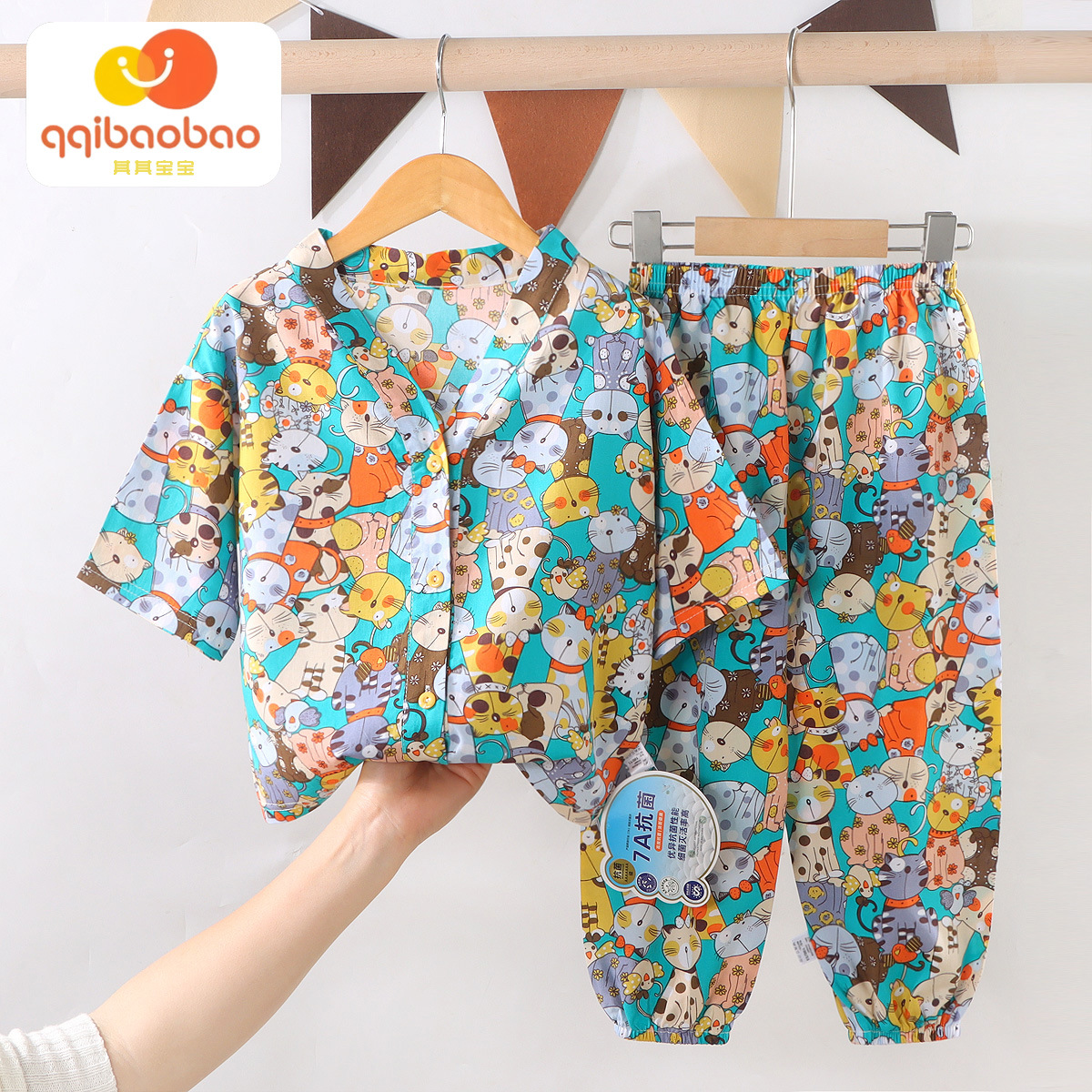 Niñas verano manga tres cuartos pijamas de seda de algodón de dibujos animados niños y niñas con aire acondicionado traje de servicio a domicilio bebé chaqueta fina verano