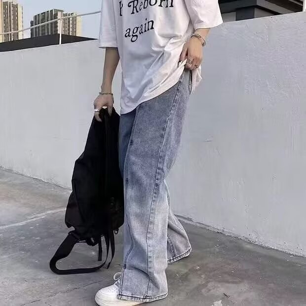 High Street Retro American Washed Old Stitch Jeans hombre relajado cremallera recta vibe micro boquilla pantalones