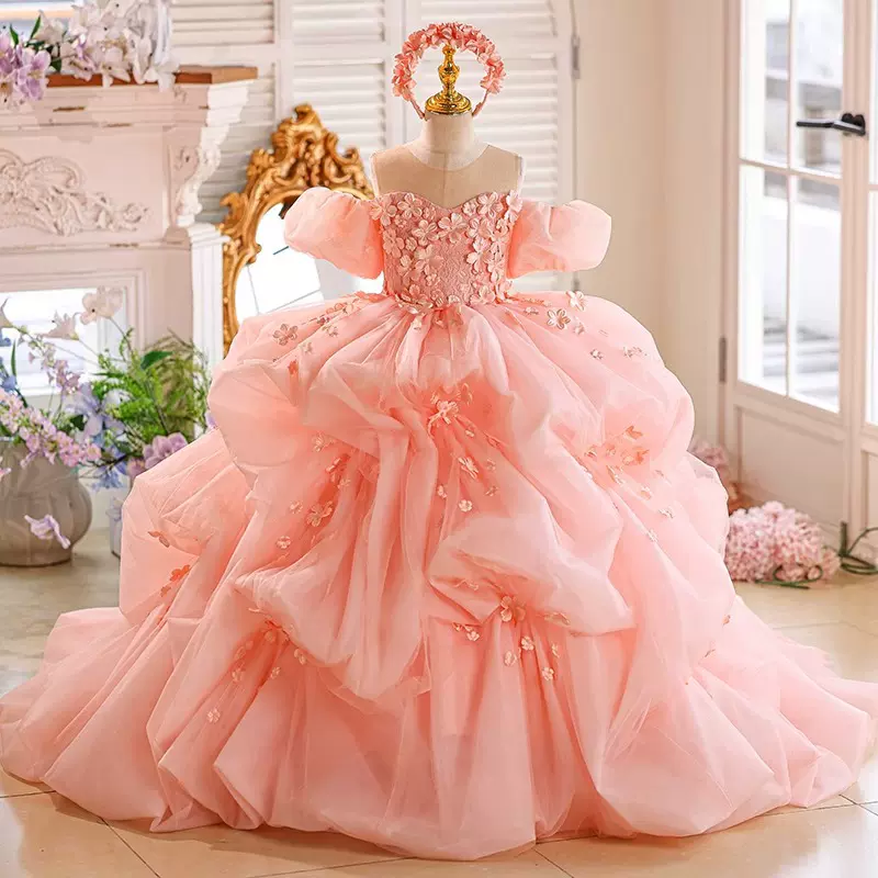 儿童礼服粉色婚纱花童生日公主裙女童走秀主持人钢琴演奏礼裙批发