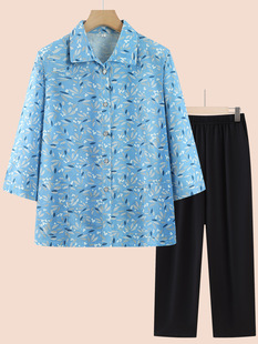 Mom's Summer Three-Quarter Sleeve Shirt for Middle-Aged and Elderly Women, Grandma's Shirt, Old Lady's Suit, Mother-In-Law's Clothes