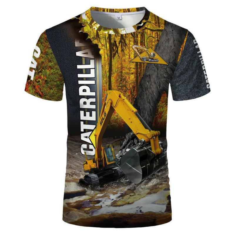TK人気 CAT掘削機 3D立体インク メンズT アメリカンワークウェア風 通気速乾半袖Tシャツ|undefined