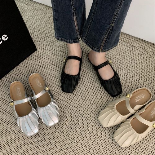 Silver flat toe toe half slippers for outer wear 2024 new summer mom Mary Jane Muller women's sandals single shoes