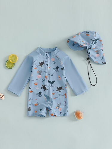 Kids Long Boys Sleeve Swimwear Casual Marine Animal Print