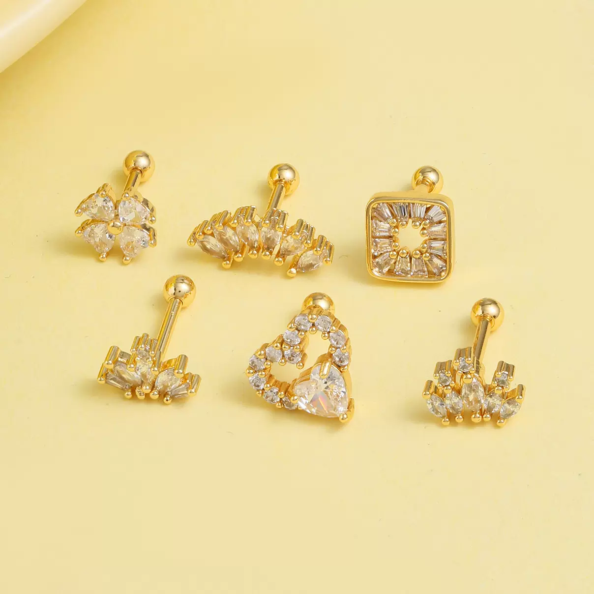 1.2粗针不锈钢方形耳钉软骨穿刺心形耳环 螺丝拧球镶钻花卉耳骨钉