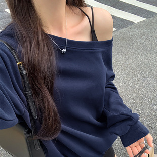 Autumn and Winter Real Photograph American Style Lazy Style Loose Slant Shoulder Open Shoulder Long Sleeve Sweat Women's Spring and Autumn New oversize