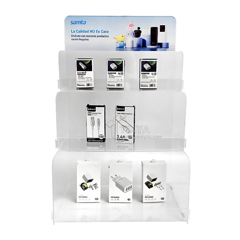 全透明亚克力三层阶梯手机配件展示架 数据线亚克力展示架