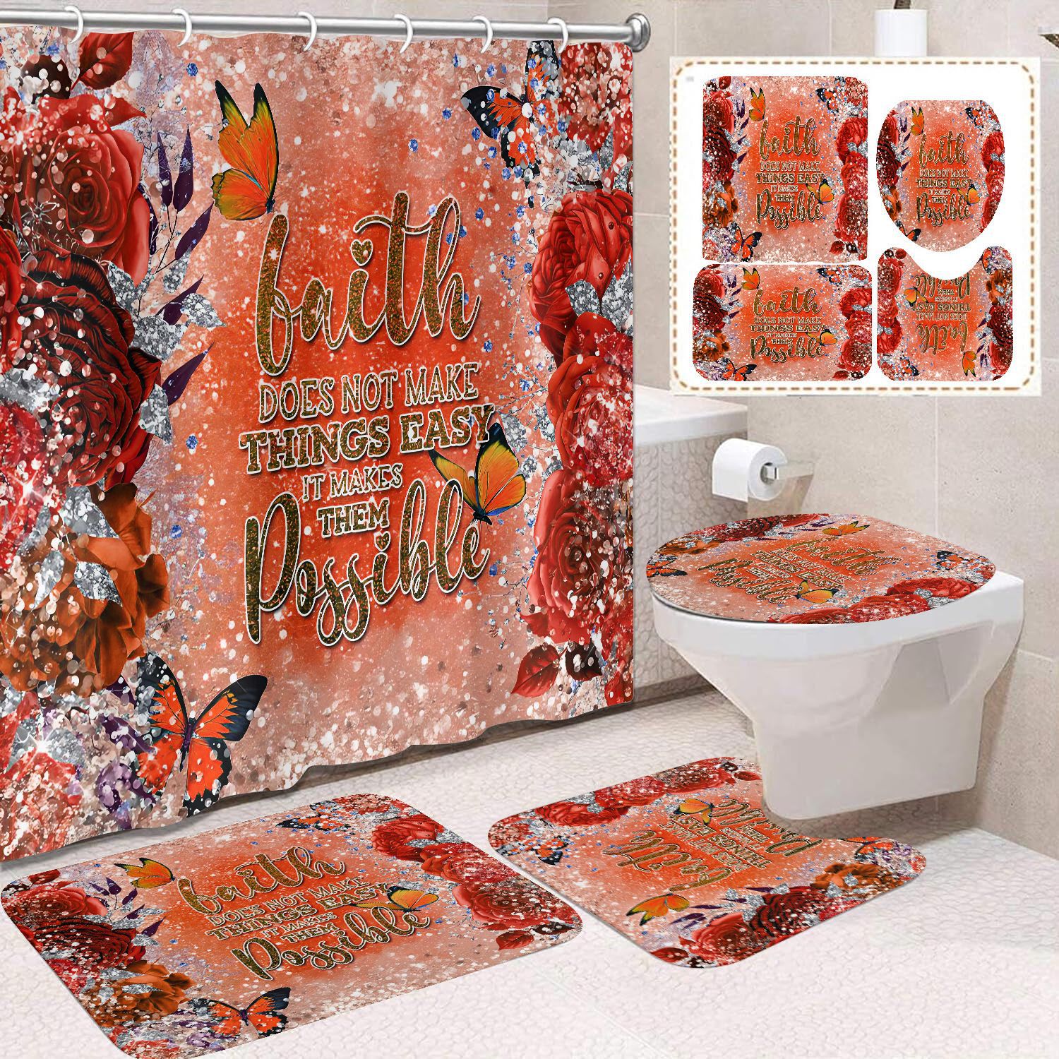 Transfronterizo Amazon cortina de ducha de color degradado cortina de baño letra patrón de mariposa cortina de ducha impermeable y a prueba de moho image 53