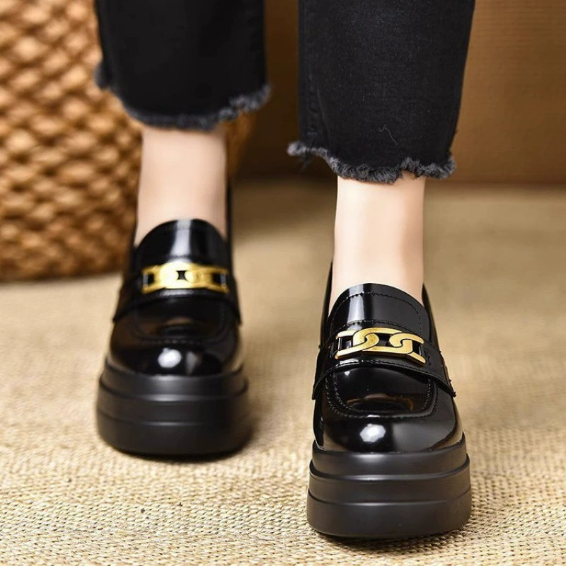 Uncle Xiong handmade women's shoes 8.5cm~spring wedge waterproof platform new heightening retro round toe patent leather black women